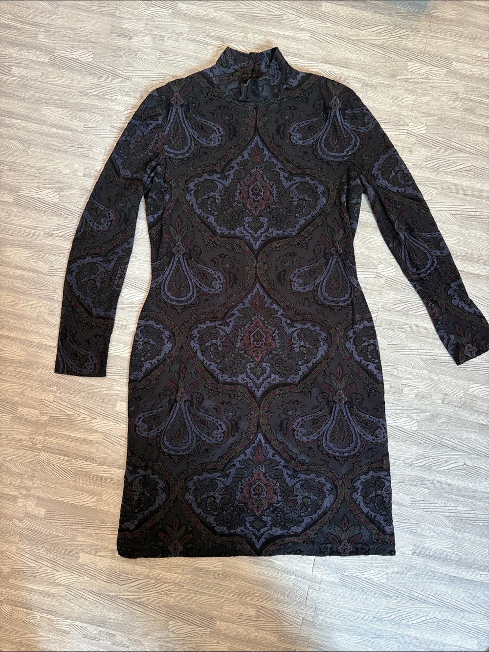 Vintage ALGO Long-Sleeve Mock Neck Paisley Dress in Black